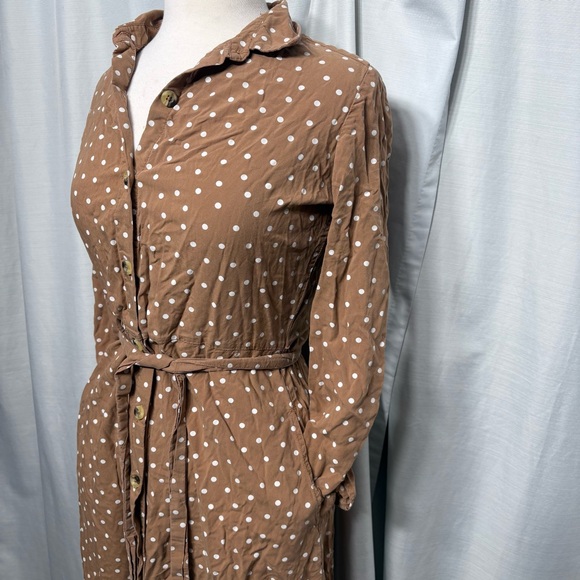Brown Polka Dot Shirt Dress Midi Belted Long Sleeve Boho Neutral Medium button - Picture 4 of 8